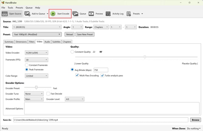 Handbrake video - Start Encode
