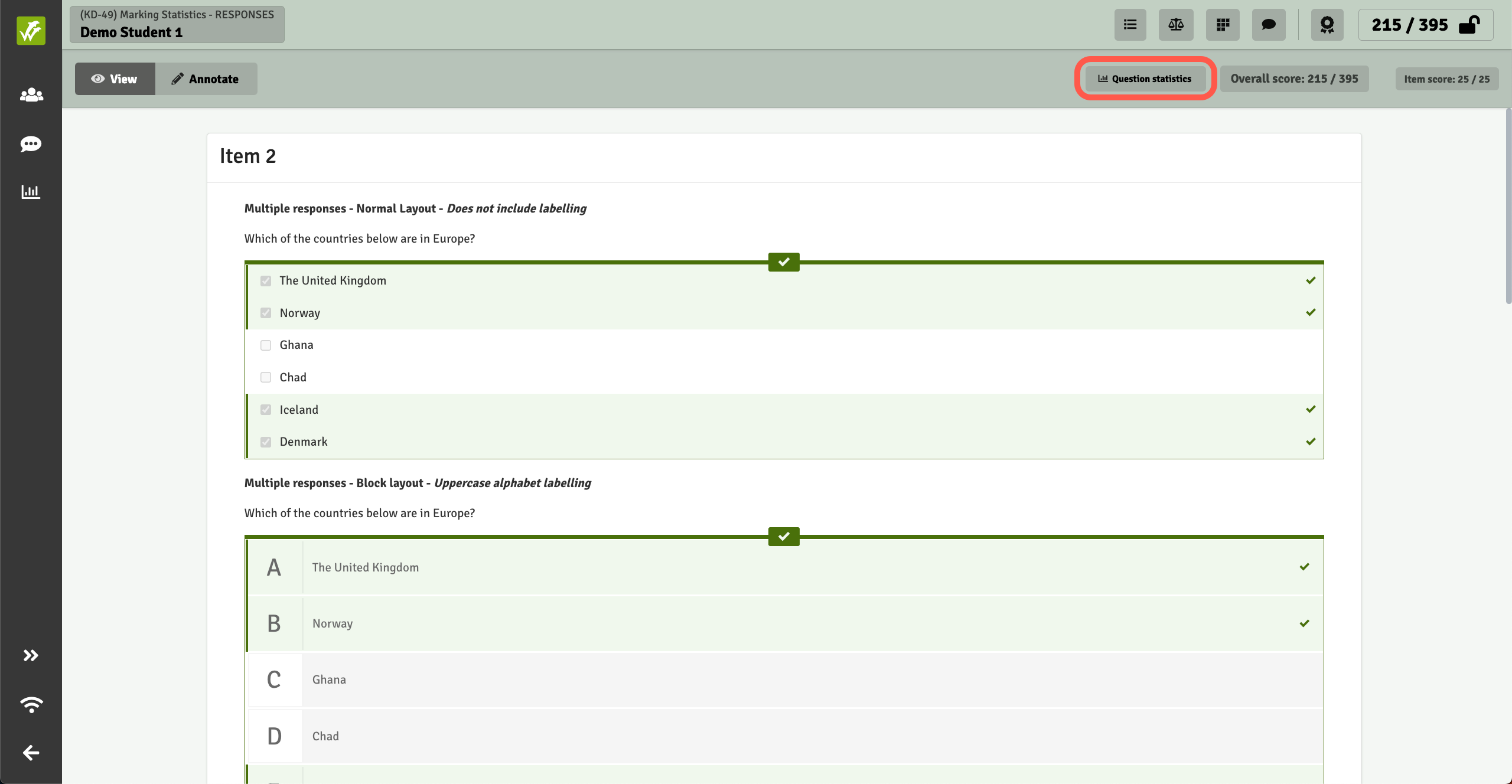 Question statistics button within the marking tool